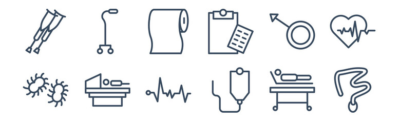 12 pack of icons. thin outline icons such as intestine, iv, scan, male, tissue paper, walking stick for web and mobile apps, logo