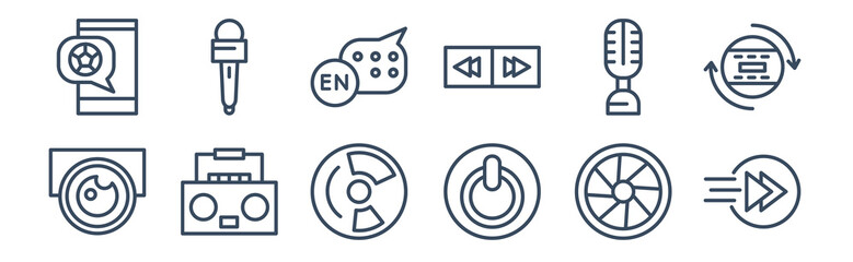Obraz premium 12 pack of icons. thin outline icons such as fast, power on button, boom box, condenser, english, microphone for journalists for web and mobile apps, logo