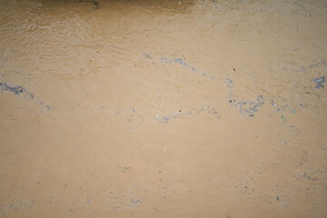 River canal in a big city. Sewage after rain carries garbage along the river.