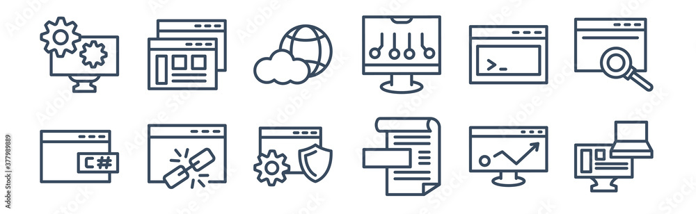 Poster 12 pack of icons. thin outline icons such as adaptive layout, article, broken link, code terminal, c