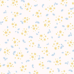 Liberty pattern. Vector seamless texture with small scattered yellow flowers and blue leaves on white. Elegant floral background. Simple ditsy pattern. Repeat design for print, textile, wallpapers