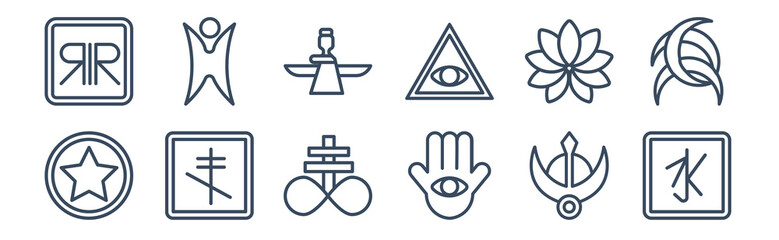 Fototapeta premium 12 pack of icons. thin outline icons such as confucianism, semitic neopaganism, orthodox, ayyavazhi, faravahar, humanism for web and mobile apps, logo