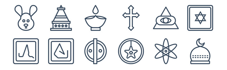 12 pack of icons. thin outline icons such as abrahamic, anglican, asceticism, cao dai, diwali, doi suthep for web and mobile apps, logo