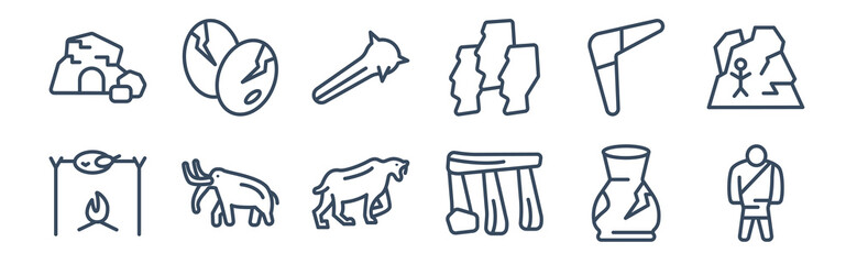 12 pack of icons. thin outline icons such as null, dolmen, mammoth, boomerang, cudgel, dinosaur egg for web and mobile apps, logo