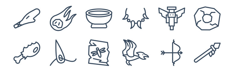 12 pack of icons. thin outline icons such as spear, pterodactyl, needle, totem, plate, meteorite for web and mobile apps, logo