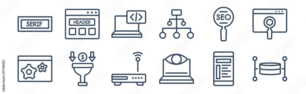Poster 12 pack of icons. thin outline icons such as relational database management system, retina display, 