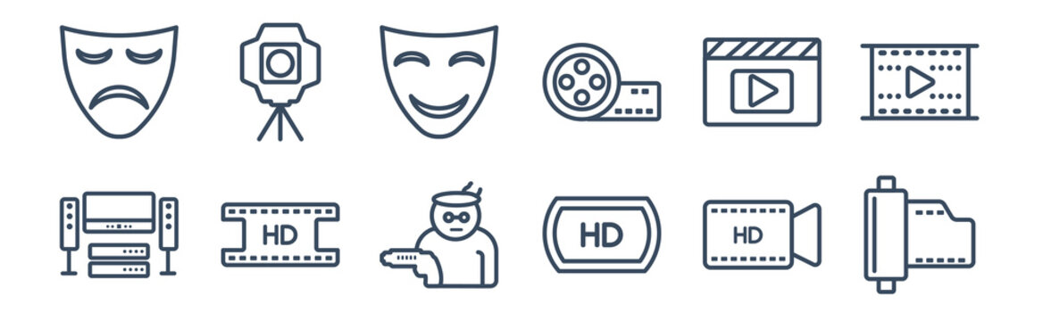 12 pack of icons. thin outline icons such as camera roll, hd, hd movie, movie player, smile mask, cinema light source for web and mobile apps, logo