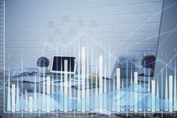 Fototapeta na wymiar Multi exposure of stock market chart drawing and office interior background. Concept of financial analysis.