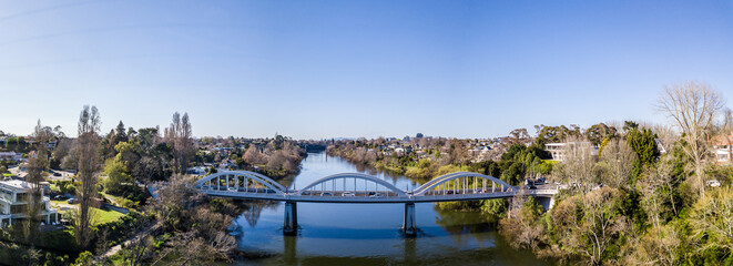 Aerial panoramic view looking South of the Fairfield Bridge over the Waikato River in Hamilton, New Zealand.