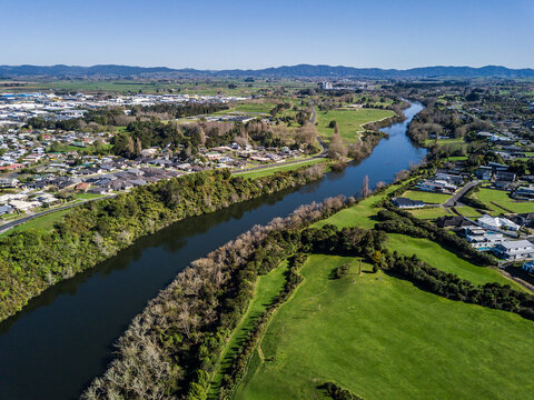 Aerial view of the Waikato River looking North towards Ngaruawahia in Hamilton, New Zealand