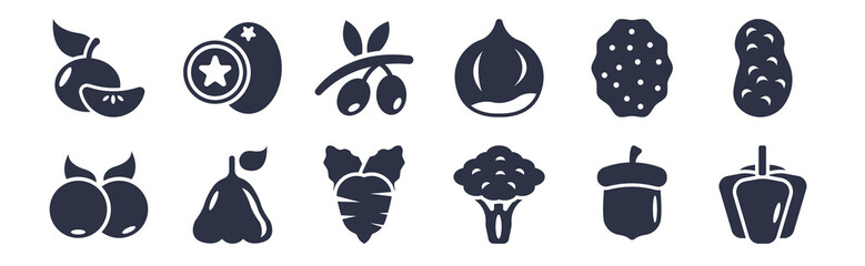12 pack of black filled icons. glyph icons such as bell pepper, broccoli, rose apple, lychee, chestnut, olive, breast milk fruit for web and mobile apps, logo