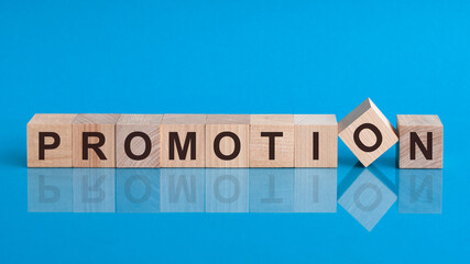 Word promotion is made of wooden building blocks lying on the table and on a light blue background.