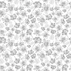 Seamless botanical floral white and gray pattern with blooming fever