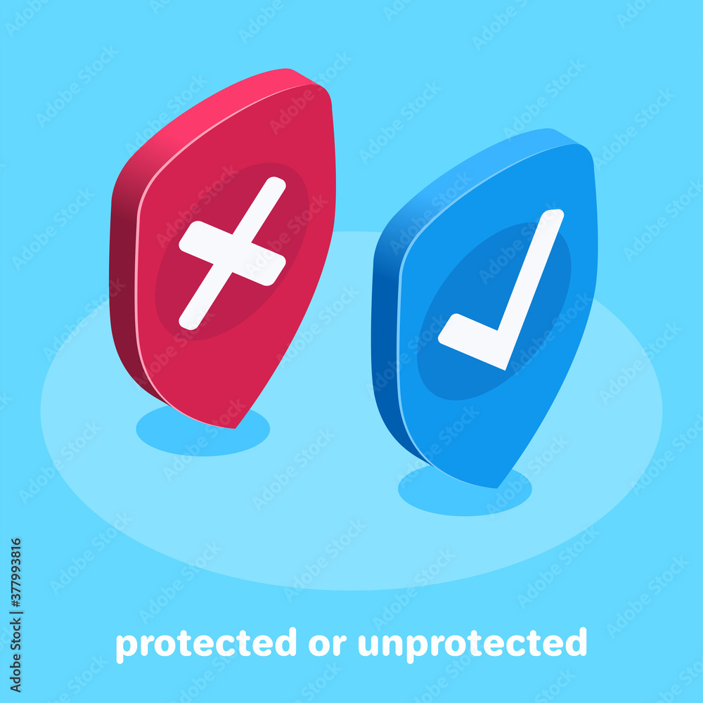 Poster isometric vector image on light blue background, shield icon with cross and check mark, protected or