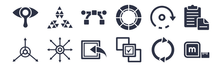 12 pack of black filled icons. glyph icons such as measure, select all, dimension, rotate, color wheel, , polygonal windmill for web and mobile apps, logo