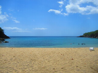 Une plage de sable blanc et la mer sous le ciel bleu