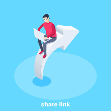 isometric vector image on a blue background, a man in a red jacket with a laptop sits on a big white arrow, share link