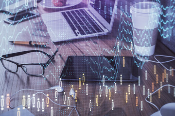 Double exposure of forex chart drawing and cell phone background. Concept of financial trading