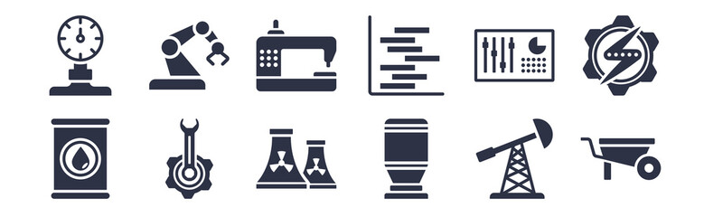 12 pack of black filled icons. glyph icons such as pushcart, tanks, mechanism, controller, gantt, textile, robotic arm for web and mobile apps, logo