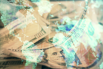 Multi exposure of business theme drawing over us dollars bill background. Concept of financial success.