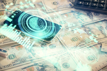 Multi exposure of business theme drawing over us dollars bill background. Concept of financial success.