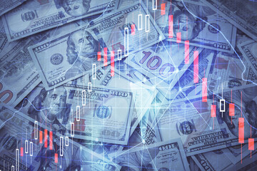 Double exposure of forex graph drawing over us dollars bill background. Concept of financial markets.