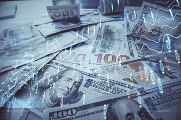 Multi exposure of forex chart drawing over us dollars bill background. Concept of financial success markets.