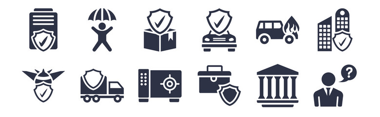 12 pack of black filled icons. glyph icons such as assistance, baggage, lorry, burning car, car insurance, cargo insurance, child for web and mobile apps, logo