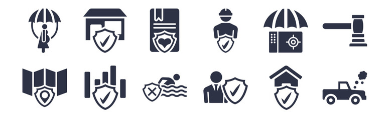 12 pack of black filled icons. glyph icons such as total loss, beneficiary, actual cash value, bank safe, construction risk, marriage contract, small business insurance for web and mobile apps, logo