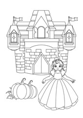 Cute Princess and Fairy Tale Castle Coloring Book Page