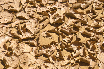 Texture of dry soil surface. Lack of water. Dry soil that curls into thin slices.