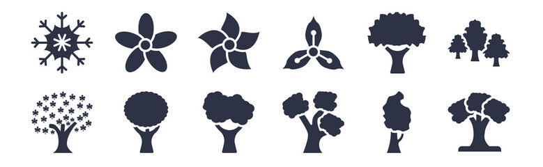 12 pack of black filled icons. glyph icons such as american beech tree, gray birch tree, the maples tree, sugar maple iris, jasmine, jonquil for web and mobile apps, logo
