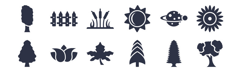 12 pack of black filled icons. glyph icons such as shadbush tree, white spruce tree, flower, planet with satellite, sol, reed bed, fences for web and mobile apps, logo