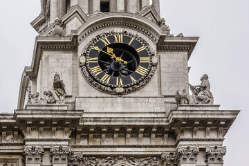 Architectural fragments of Magnificent St. Paul Cathedral (1675 - 1711) in London. St. Paul Cathedral sits at top of Ludgate Hill - highest point in City of London. UK.