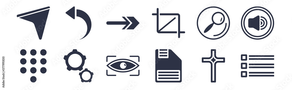 Aufkleber 12 pack of black filled icons. glyph icons such as list layout with check boxes, floppy disk save bu