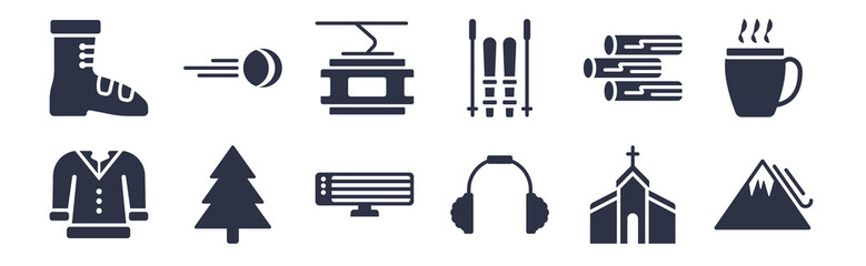 12 pack of black filled icons. glyph icons such as avalanche, earmuffs, fir, logs, ski equiptment, ski lift, snow ball for web and mobile apps, logo