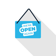 We re open again text vector vintage made for reopening after Covid19 outbreak. we are open again. re-opening. please come in. we re open again. grand-reopening. grand.