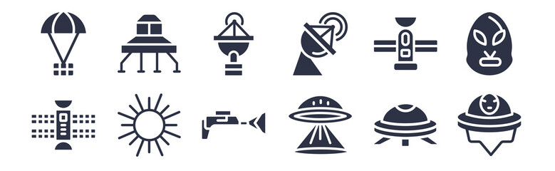 12 pack of black filled icons. glyph icons such as alien with aqualung, little extraterrestial, big sun shining, inclined satellite, radar system, radar pointing up, space lander for web and mobile © Premium Art