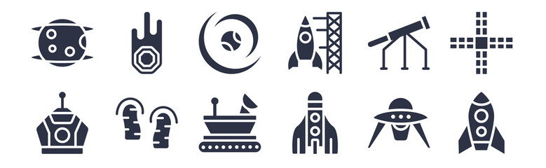 12 pack of black filled icons. glyph icons such as space rocket, space shuttle, foortprints on the moon, big telescope, spaceport, galaxy, meteorites for web and mobile apps, logo