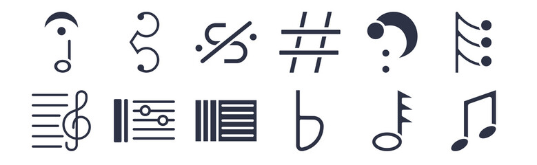 12 pack of black filled icons. glyph icons such as beam, flat, repeat, octave clef, sharp, segno, alto clef for web and mobile apps, logo