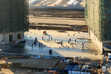 Construction of road. Sandy platform under roadway road roller (compactor, just roller). Flattened...