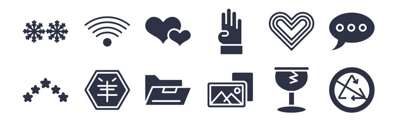 12 pack of black filled icons. glyph icons such as non recyclable, foto, , black heart, four finger in hand, big heart and little heart, wireless for web and mobile apps, logo