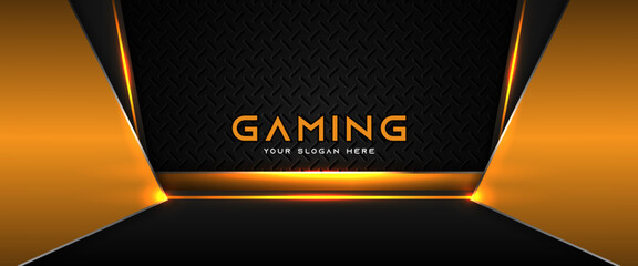 Futuristic orange and black abstract gaming banner design with metal technology concept. Vector illustration for business corporate promotion, game header social media, live streaming background