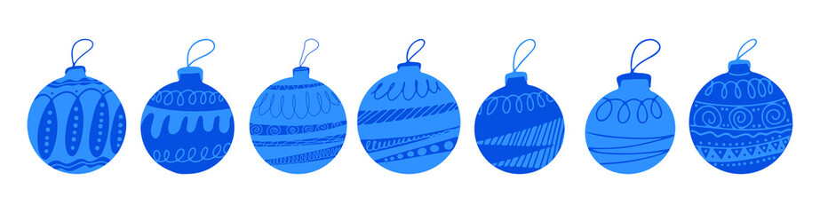 Set of blue hand drawn Christmas tree balls with doodle elements. Isolated on a white background.