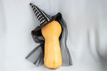 Fresh elongated pumpkin on a blue background in a witch's hat. The concept of harvest, Halloween