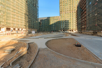 Construction of road. Sandy platform under roadway road roller (compactor, just roller). Flattened...