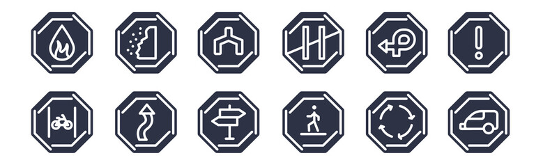 Obraz premium 12 pack of black filled icons. glyph icons such as caravan, crossing, curves, degree curve road, end motorway, end of way, falling rocks for web and mobile apps, logo