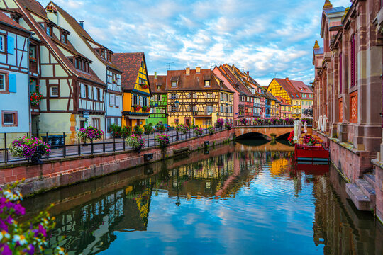 Spectacular colorful traditional french houses on the side of river Lauch in Petite Venise,Colmar,France.