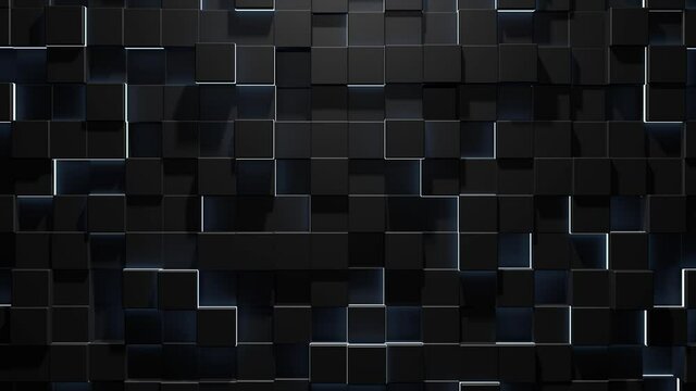 Abstract geometric background of black cubes with white neon elements,3d looped Animation in 4k.Seamless loop digital hexagon motion graphics