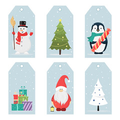 Christmas and New Year gift tags with snowman, christmas tree, gift boxes, penguin, christmas gnome. Vector illustration, flat style